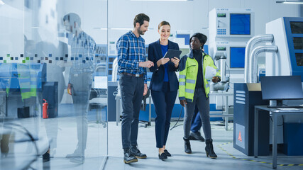 Poster - Modern Factory: Project Manager, Engineer, Worker Walk Through High Tech Development Facility, Talking and Using Tablet Computer. High-Tech Facility with CNC Machinery, Robot Arm Production Line