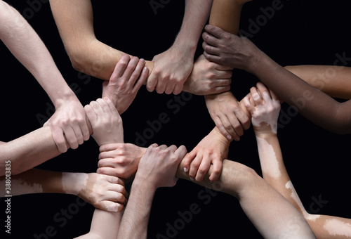 Together. Hands of different people in touch isolated on black studio background. Concept of relation, diversity, inclusion, community, togetherness. Hard and strong touching, creating one unit.