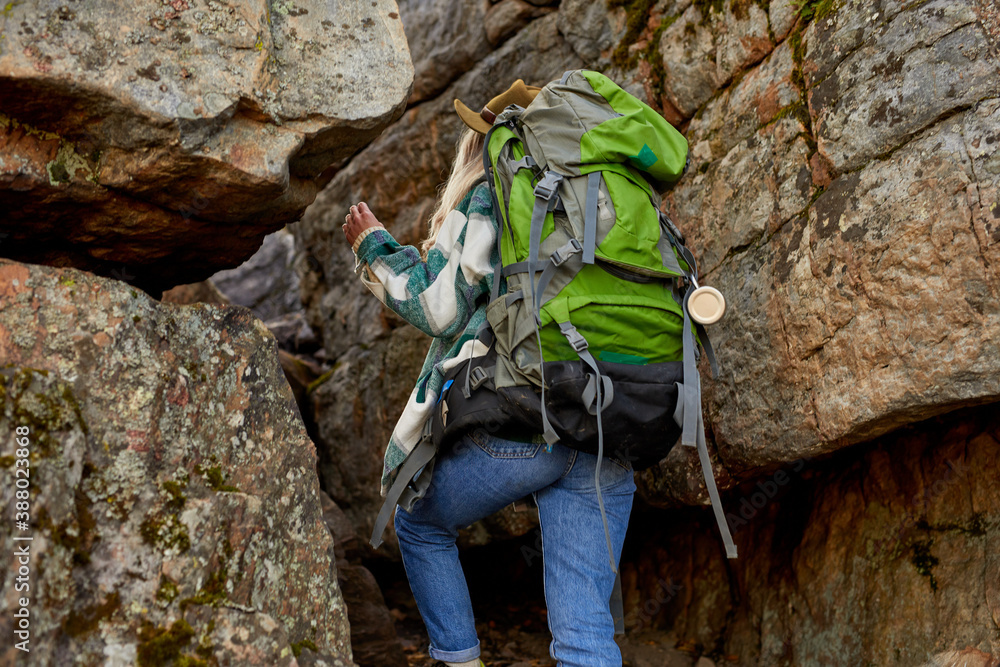 rear view on sportive hiking woman going at peak of mountains through ...