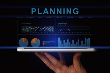 Poster - Hand Holding Digital Tablet With Economic Statistic Graph Chart And Planning Inscription