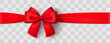 Realistic red bow and ribbon. Christmas shiny red satin ribbon. New year gift. Decorative red satin ribbon and bow with shadow on transparent background - stock vector.