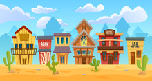 Wild West City Vector Illustration. Cartoon Western Cityscape With Old Wooden House Buildings For Cowboys, Sheriff Office, Hotel And Bank On Street, Empty Wild Western Desert Landscape Background