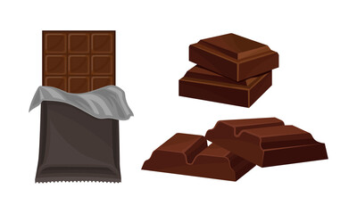 Sticker - Parts of Chocolate Bar or Candy Bar as Confection of Rectangular Form with Nuts Vector Set