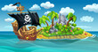 A wooden pirate ship with sails stands near a tropical island with palm trees.