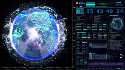Fototapete - HUD Futuristic Rotation Digital Earth Graphic Interface Display Technology. UI Hologram Scifi 4K Motion Data Transfer Chart Elements.