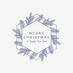 Canvas Print - Merry Christmas Abstract Botanical Card with Hexagon Frame Banner and Modern Typography. Premium Greeting Sketch Layout. Winter Holiday Emblem Concept. Isolated