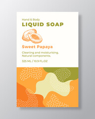 Wall Mural - Liquid Soap Package Label Template. Abstract Shapes Camo Background Vector Cover. Cosmetics Packaging Design. Modern Typography and Hand Drawn Papaya and a Half Sketch. Isolated