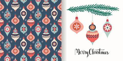 Wall Mural - christmas decorative set with seamless pattern and christmas greeting card
