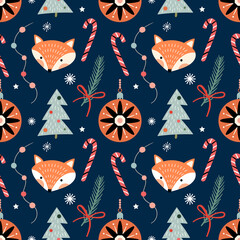 Wall Mural - christmas seamless pattern with cute foxes, christmas tree and ornaments, seasonal winter design