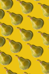 Ripe green pear pattern. Many pears on a green background. View from above