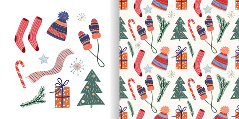 christmas set with seamless pattern and cute winter cozy elements, vector design