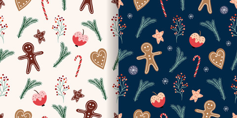 Wall Mural - christmas seamless patterns set with gingerbread and christmas traditional cookies, winter design