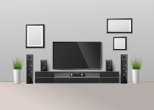 Home Cinema Theater System In Interior, Realistic Template Vector Illustration.