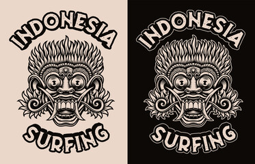 A black and white vector illustration with traditional Bali Mask, this design can be used as a shirt print as well as a logo for an Asian theme.