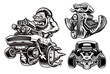 A set of black and white cartoon hot rod illustrations isolated on white background. These designs can be used as shirt prints as well as logo templates.
