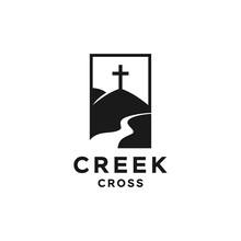 Hill And River Creek With Holy Christian Cross Logo, Church Of Catholic In Nature Landscape Illustration
