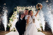 © dimadasha - Newlyweds on the background of the wedding arch. Night fireworks.