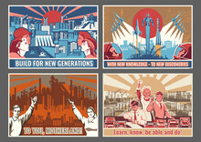 Old Soviet Industrial, Building, Space, Education Propaganda Posters Style Illustrations 