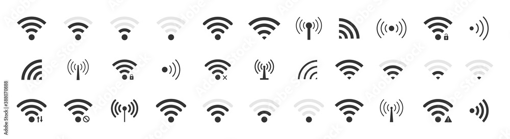 Icon wifi signal. Wireless internet symbol. Set of sign for connect of network. Bar of satellites for mobile, radio, computer. Hotspot, strength electronic wave from antenna for communication. Vector - obrazy, fototapety, plakaty 