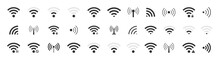 Icon Wifi Signal. Wireless Internet Symbol. Set Of Sign For Connect Of Network. Bar Of Satellites For Mobile, Radio, Computer. Hotspot, Strength Electronic Wave From Antenna For Communication. Vector