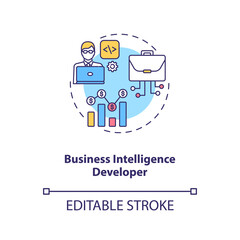 Business Intelligence Developer concept icon. Creating technology. Futuristic mind manufacturing. Careers in AI idea thin line illustration. Vector isolated outline RGB color drawing. Editable stroke
