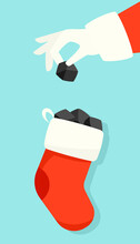 Santa Puts Lump Of Coal In Christmas Stocking Illustration. Clipart Image.