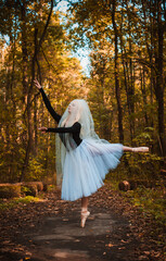 Wall Mural - Young ballerina in ballet costume dancing at darkness breath of freedom. Concept of beautiful art dancing 	