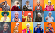 Lifestyle moments of a funny grandmother. Composition collage of a 90 years old woman performing different actions 