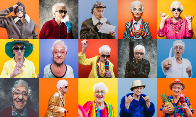 Wall Mural - Lifestyle moments of a funny grandmother. Composition collage of a 90 years old woman performing different actions 