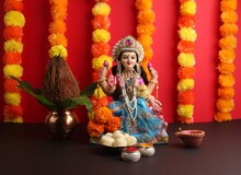 Lakshmi Pujan - Godess Laxmi Idol, Copper Kalash, Coconut, Saweets And Haldi Kumkum