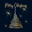 © marinatiART - Christmas tree, gold silhouette . Vector illustration on isolated background for print,  greeting card, banner. Spiral art line. Text Merry Christmas