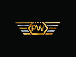 PW wing shape Initial logo letter design art logo, gold color on black background