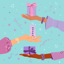 Illustration Of Person Giving, Receiving Gift Package.
