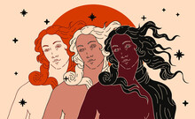 Modern Vector Line Art Illustration Or The Venus Or Aphrodite Goddess  In Doodle Sketch Style. Diverse Women Of Different Ethnicity And Appearance. Poster About Feminism And Woman Power Issues.
