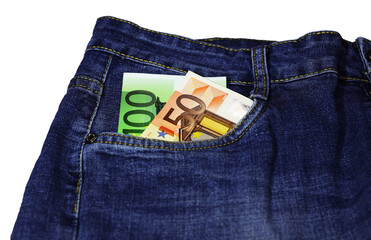 Euro paper money in the pocket of blue jeans