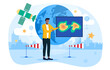Weather forecast concept. A man standing in studio in front of space meteorological satellite, world map and diagram of movement of atmospheric cyclone, telling audience about upcoming weather. Vector