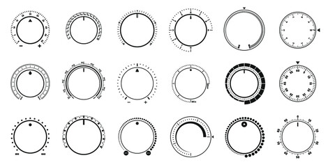 Adjustment dial. Volume level knob, rotary dials with round scale and round controller. Min and Max radial selector vector graphic set