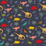 Fototapeta Dinusie - Seamless pattern with dinosaur silhouettes.