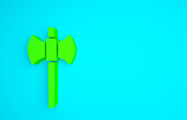 Green Wooden axe icon isolated on blue background. Lumberjack axe. Happy Halloween party. Minimalism concept. 3d illustration 3D render.