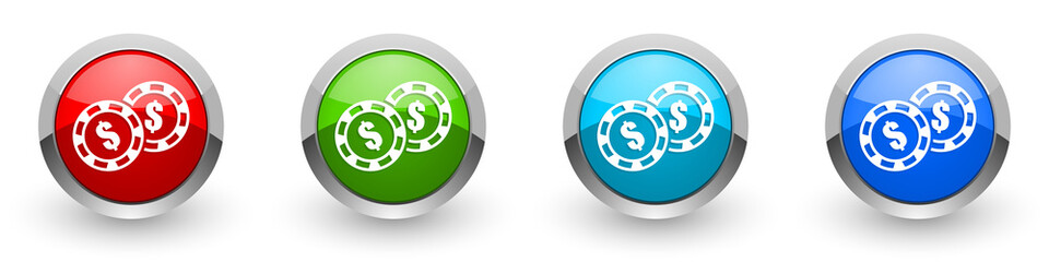 Leinwandbilder - Casino chips silver metallic glossy icons, set of modern design buttons for web, internet and mobile applications in four colors options isolated on white background