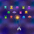 Cute space invaders in pixel art style on deep space background, vintage gamescreen