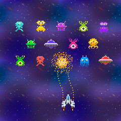 Wall Mural - Cute space invaders in pixel art style on deep space background, vintage gamescreen