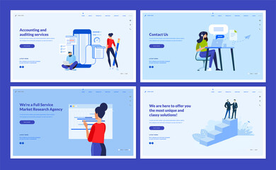 Wall Mural - Set of website template designs of accounting and auditing, market research, consulting, contact us page. Vector illustration concepts for website and mobile website development. 