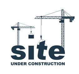 construction cranes builds site word vector concept design, conceptual illustration with lettering a