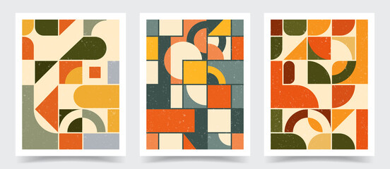 Wall Mural - Vector illustration. Minimalist poster collection. Flat geometric pattern with textile overlay. Design for posters, book covers, brochures, invitation cards, flyers, banners. Circle, square, triangle