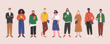 Fototapeta Pokój dzieciecy - Covid-19 social preventive measures. Vector illustration of cartoon multiethnic group of young people wearing face medical masks. Isolated on background