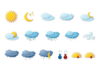 set of paper weather icons on white background. contains icons of the sun, clouds, snowflakes, wind,