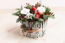 Christmas Decoration With Carnations, Chrysanthemums Santini, Brunia And Fir.
