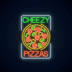 Neon sign of cheezy pizza. Italian pizza with tomatos and cheese. Cafe menu item. Vector illustration. Fastfood light billboard symbol in rectangle frame on a dark brick wall background.