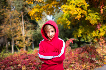 a boy in a red sweatshirt on the background of an autumn Park